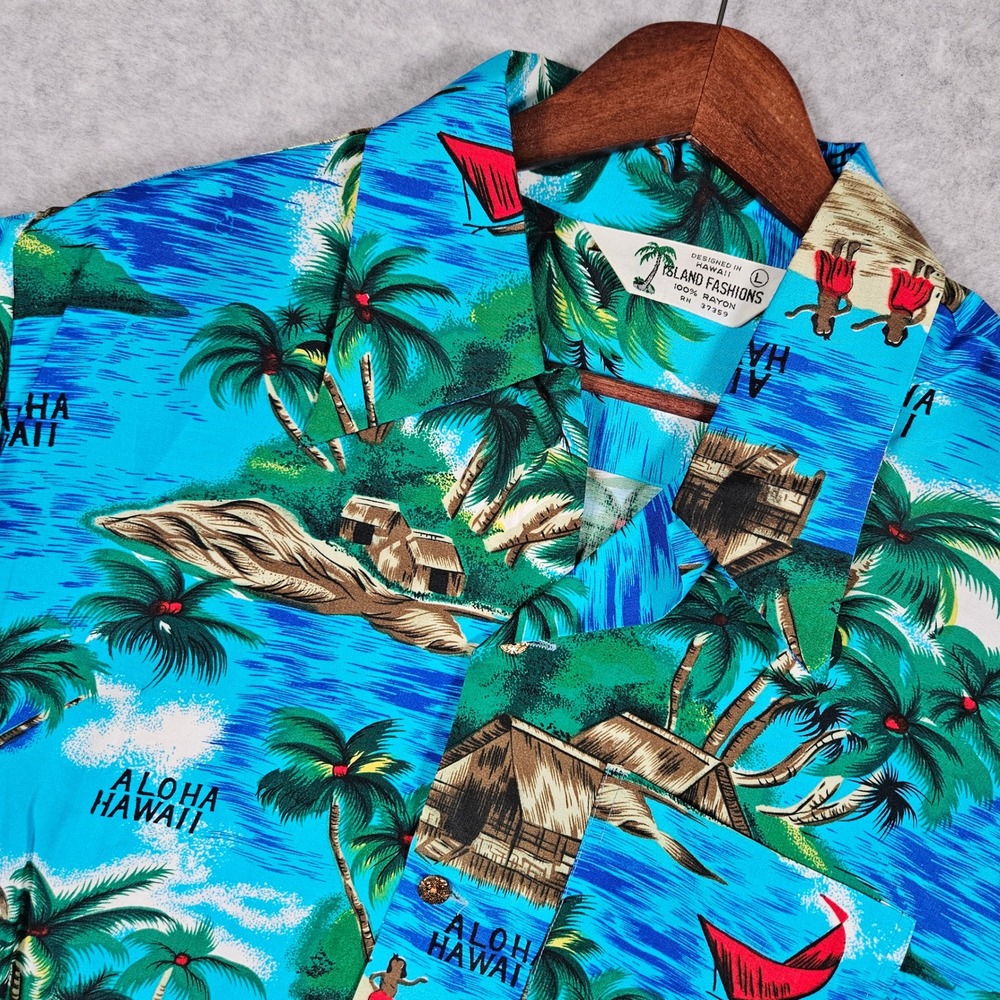 Vintage Island Fashions Mens Large Shirt Blue Tropical Aloha Hawaii Rayon 70's